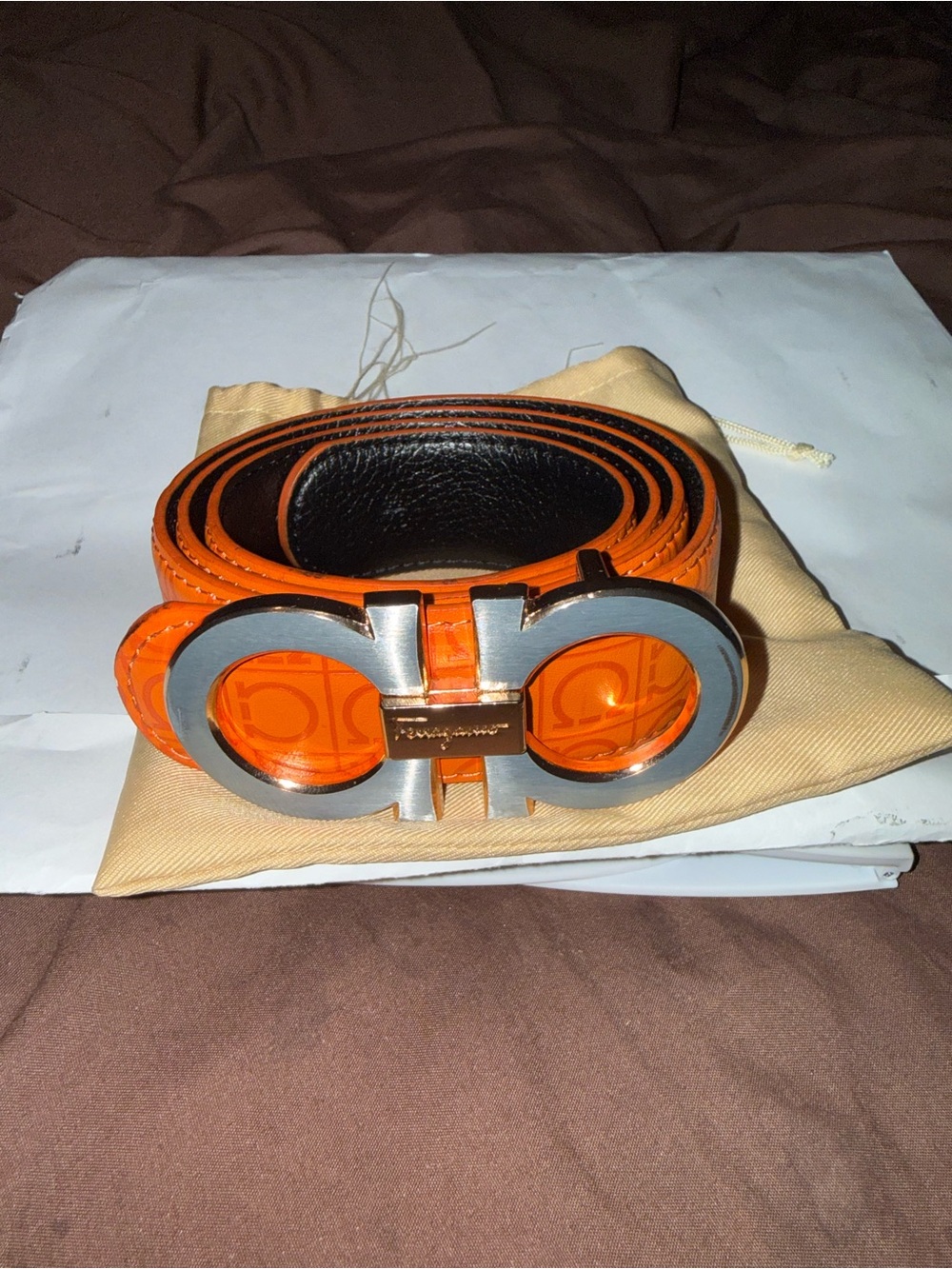 Orange Men’s Leather Belt with Signature Double-Ring Buckle small 30-32
